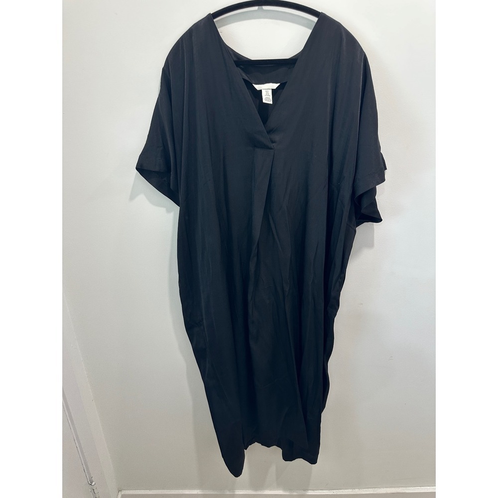 HM Black Satin Kaftan Midi Dress V-Neck Dolman Sleeve Oversized XL